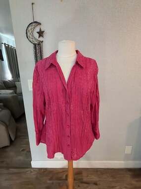 JM Collection Womens Hot Pink Textured Button-Down Long Sleeve Shirt Size 14